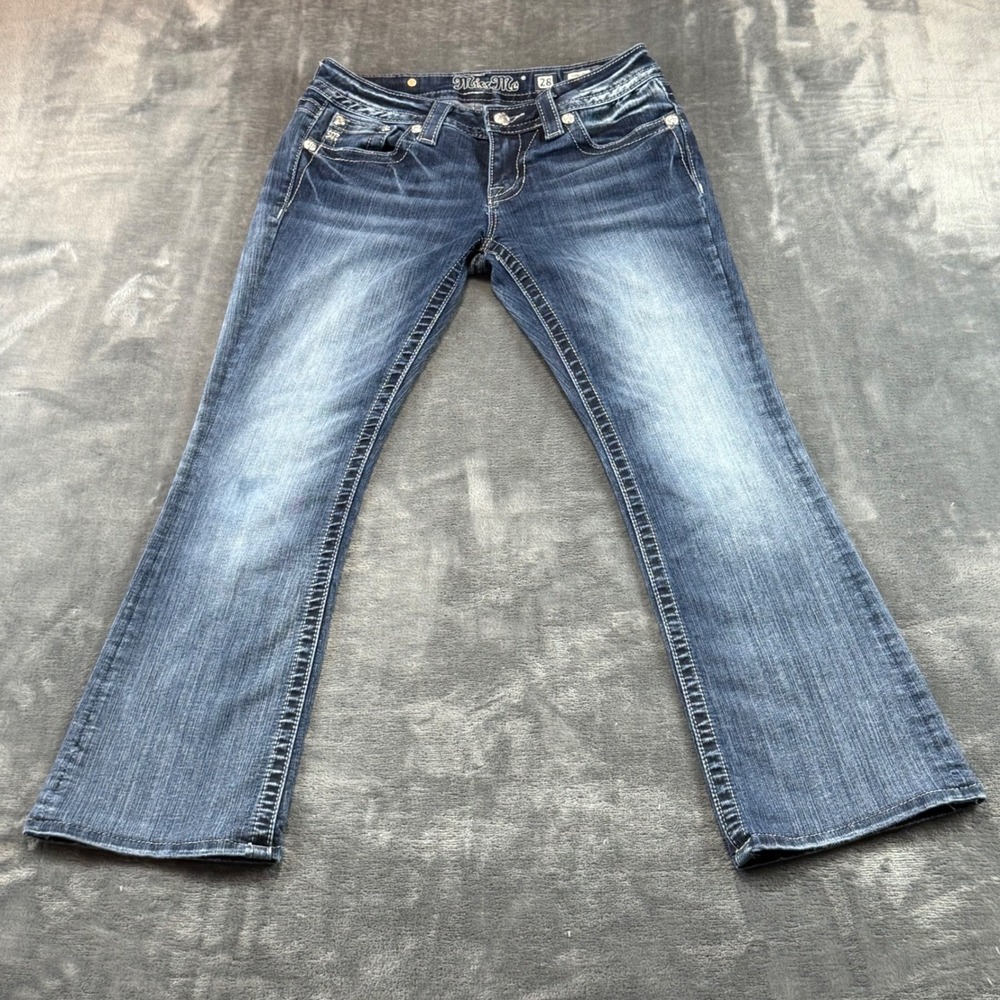 Miss Me Signature Boot Jeans Dark Wash Rhinestone Cross Pockets Size 28 Low Rise